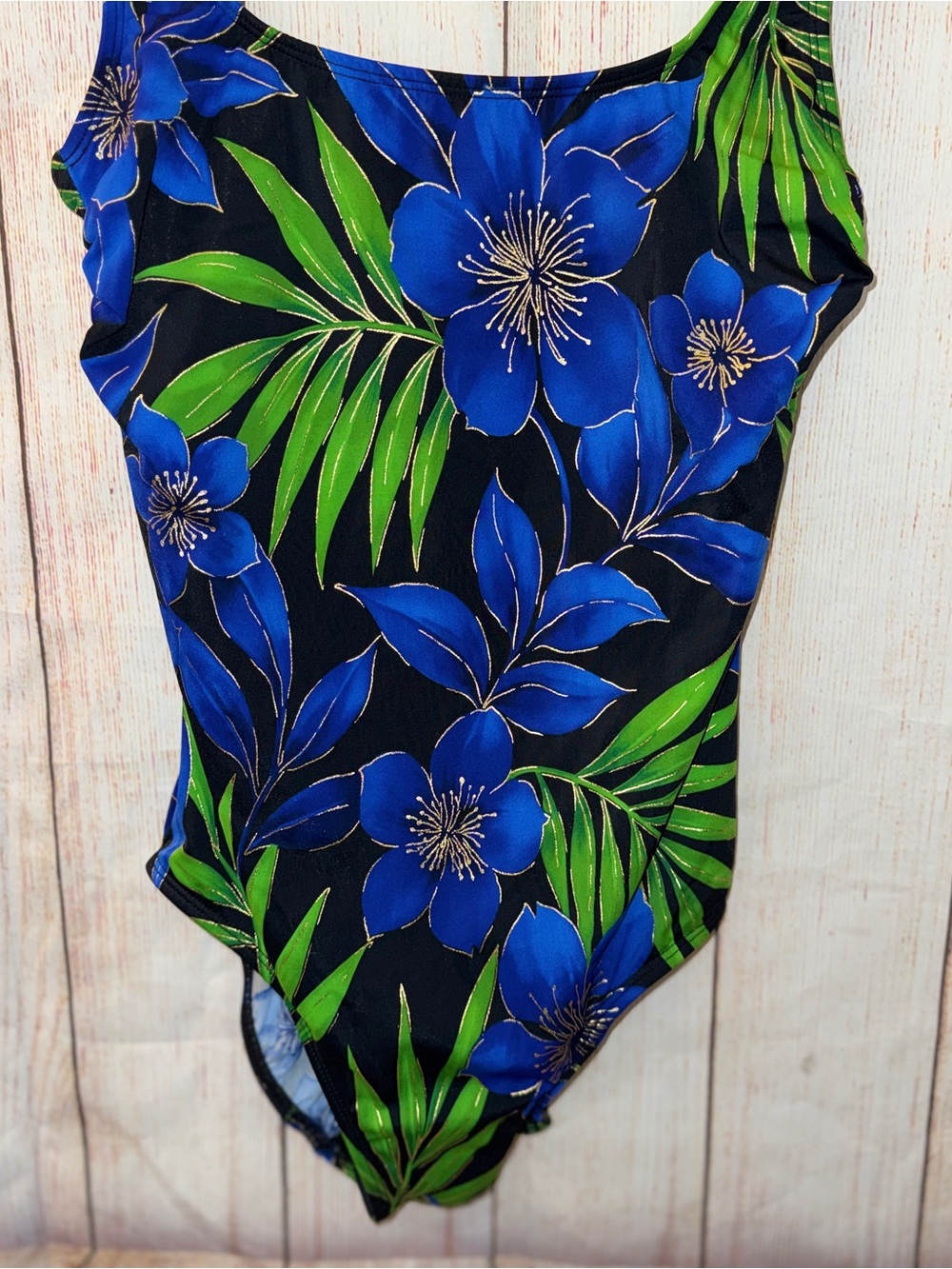 Longitude Long Torso Double X Back One Piece, Black Blue Good Floral, Sz 12 Tall - Picture 2 of 8